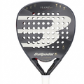 A Bullpadel Flow paddle with a black and white design, featuring a perforated face, gold lettering, and a white wrapped handle, shown against a plain white background.